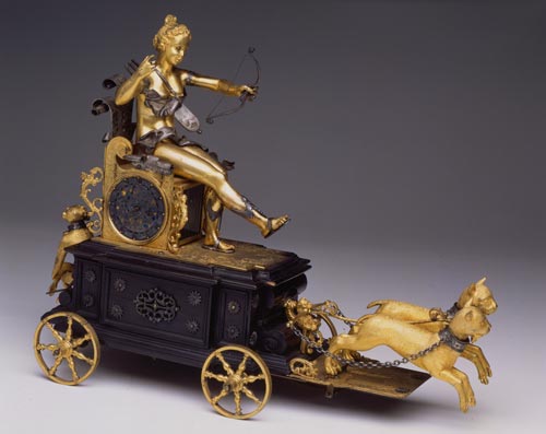 Carro trionfale di Diana, automa con orologio e suoneria. Achilles Langenbucher (?), 1625-1630 (?). Bronzo dorato, ottone, argento, legno ebanizzato, 30,5 x 41 x 17 cm. Museo Poldi Pezzoli.