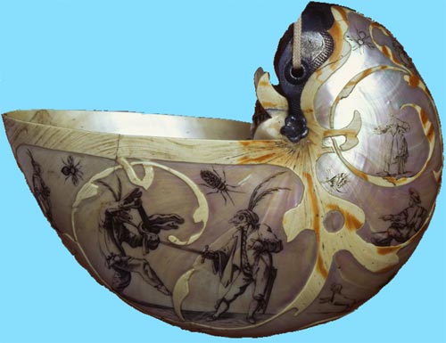 Conchiglia di Nautilus pompilius. Paesi Bassi, quinto-sesto decennio del XVII secolo. Conchiglia di Nautilus pompilius traforata e incisa, argento, 13,3 x 18,5 cm. Museo Poldi Pezzoli.