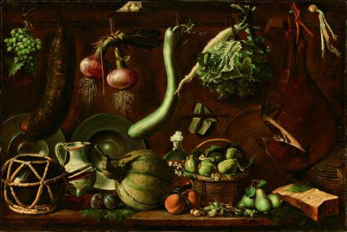 Jacopo Chimenti, detto l’Empoli (Firenze 1551-1640) Dispensa con frutta, verdura, salumi e formaggio datato 1625 olio su tela