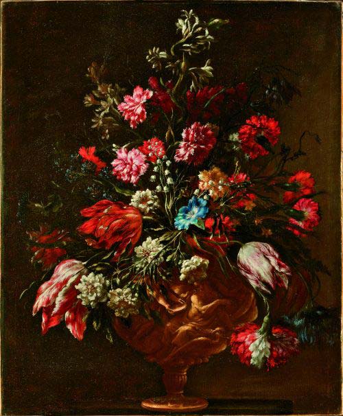 Mario Nuzzi, detto Mario dei fiori (Roma 1603-1673) Mazzo di fiori entro vaso istoriato 1650-1660 circa olio su tela