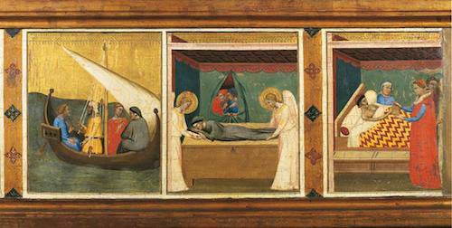 Bernardo Daddi, Predella con le Storie della Sacra Cintola, particolare con le Storie di San Michele, 1337-1338,