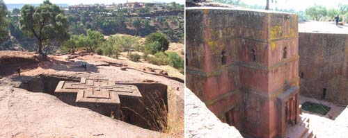 Lalibela: La chiesa di Bet Giorgis vista dall’alto / Il monolite scavato nella roccia