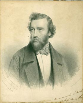 Adolphe Sax, incisione d’après Charles Baugniet (1814-1886), con dedica «à mon ami V. [alentin] Bender» e firma di Adolphe Sax