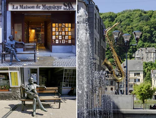 a. Dinant, Maison Sax, © AIAS – Roland Jelli b. Dinant, statua raffigurante Adolphe Sax, © WBT – Alessandra Petrosino c. Dinant, sassofono realizzato in “dinanderie” (tecnica di lavorazione dell’ottone), © WBT – JP Remy