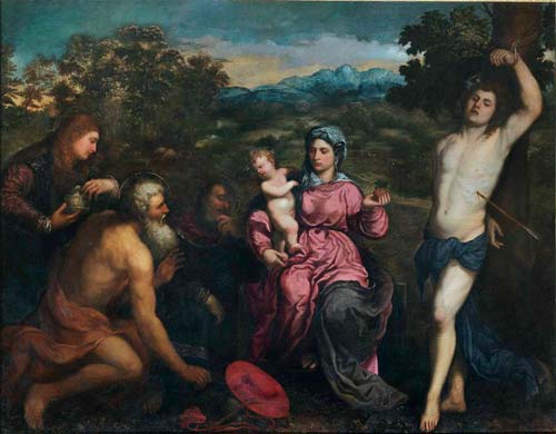PARIS BORDONE Sacra Famiglia con San Sebastiano, San Girolamo e la Maddalena