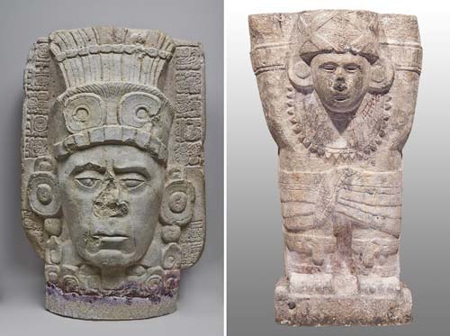 a) Porta-incensiere (600-900 d.C.), pietra calcarea; b) Atlante di Chichén Itzá con un piastrone dentellato (900-1250 d.C.), pietra calcarea