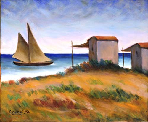 Carlo Carrà, Marina con veliero e capanni, 1954,