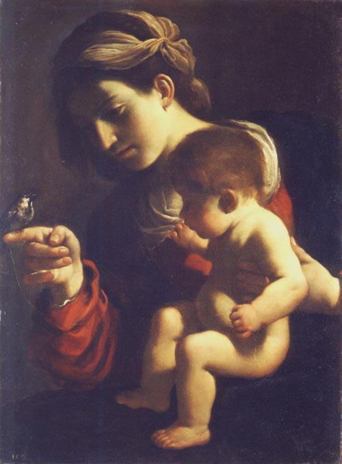 Guercino. La Madonna col Bambino (La Madonna del passero). Bologna, Pinacoteca Nazionale (lascito Denis Mahon), Olio su tela.