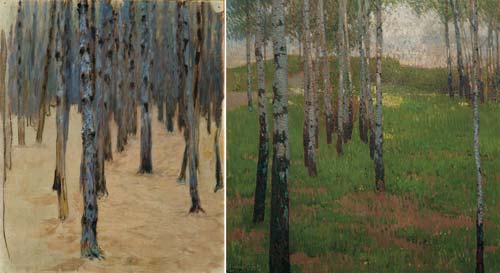 6 kolomon moser-bosco di pini in inverno-carl moll-boschetto betulle nella sera