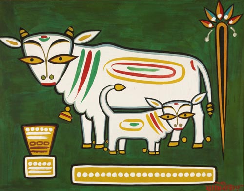 5 jamini roy mucca e vitello con campana gialla-1955