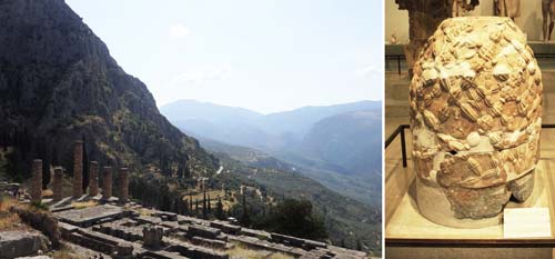 Veduta del sito di Delfi; in primo piano il tempio di Apollo / Una versione dell’omphalos, la pietra scolpita che segna il centro della terra, realizzata in età ellenistica (circa 330 a.C.) - Delfi, Museo Archeologico