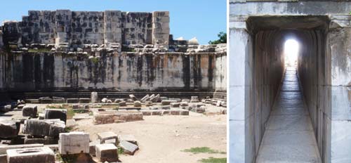 Il cortile del tempio di Apollo a Dydyma e una delle gallerie che lo collegavano con il colonnato esterno