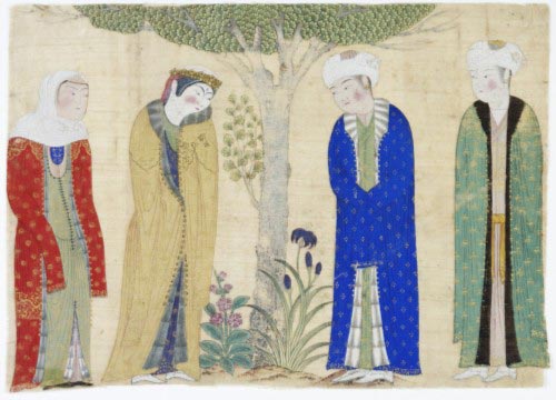 Miniatura dipinta su seta con la rappresentazione di una coppia principesca con attendenti, tutti riccamente ingioiellati e con vesti dalle lunghe maniche ricamate in oro e profilate in pelliccia, Asia Centrale, inizi del XV secolo d.C.