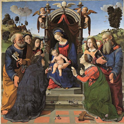 Piero di Cosimo (Firenze 1462 – 1522) Madonna col Bambino in trono e i santi Pietro, Giovanni evangelista, Elisabetta d’Ungheria (?),Caterina d’Alessandria e angeli 1493 Tavola Firenze, Museo degli Innocenti