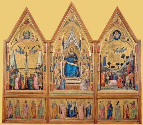 Polittico Stefaneschi verso scomparto centrale: Cristo in trono, angeli e il cardinale Stefaneschi pannelli laterali: crocifissione di san Pietro e decapitazione di san Paolo predella: la Vergine col Bambino in trono fra angeli incensieri e apostoli