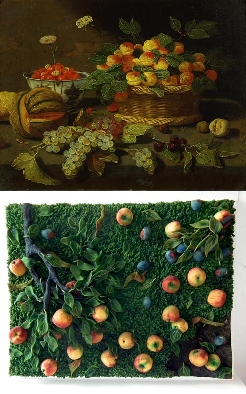 Jan Van Kessel, Cesto di frutta con pesche o albicocche con coppa di porcellana con fragole, uva e melone, XVII sec. / Piero Gilardi, Mele, 1968