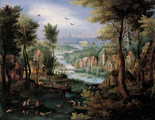 Jan Brueghel il Vecchio, Paesaggio fluviale con bagnanti, 1595 - 1600,
