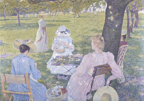 Théo Van Rysselberghe (Ghent 1862 - Saint-Clair 1926), In luglio, prima di mezzogiorno o Il frutteto o Famiglia in giardino, 1890,