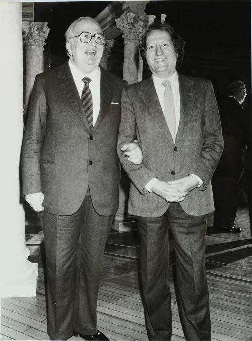 20 gennaio 1984. Spadolini, ospite del programma 'Pronto Raffaella?'' insieme a Giorgio Forattini