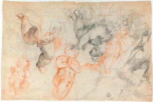 Angeli in volo e studi di panneggio,