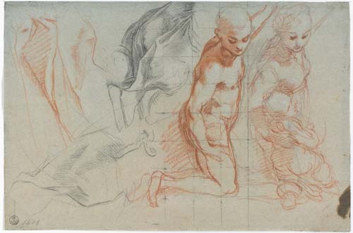 Federico Barocci, Due studi di figura, una nuda e l’altra vestita con putto fra le braccia (per la “Madonna del Popolo”, Firenze, Galleria degli Uffizi); studi di panneggi, 1575-1579,