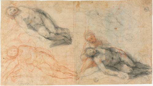 Tre studi di figura sorretta da un’altra e schizzo di figura (per il “Compianto”, Bologna, Palazzo D’Accursio), post 1600,