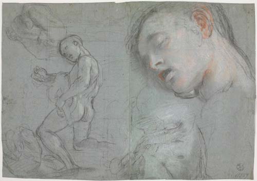 Figura maschile nuda che suona la ghironda, studi del busto, della testa e delle mani (per la “Madonna del Popolo”, Firenze, Galleria degli Uffizi), 1575-1579,