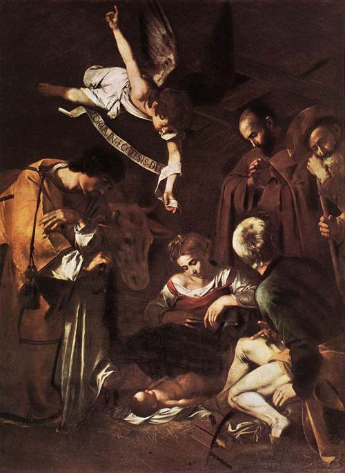 2 caravaggio adorazione del bambino nel presepe con i santi lorenzo e francesco e lorenzo 1609