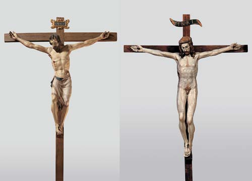 Due Crocifissi a confronto: a sin Donatello (Firenze 1386 circa-1466), 1407-1408 circa, legno intagliato e dipinto, cm 168x173, Firenze, Basilica di Santa Croce / a des Michelozzo (Firenze 1396-1472), 1435 circa, legno intagliato e dipinto, cm 192x18