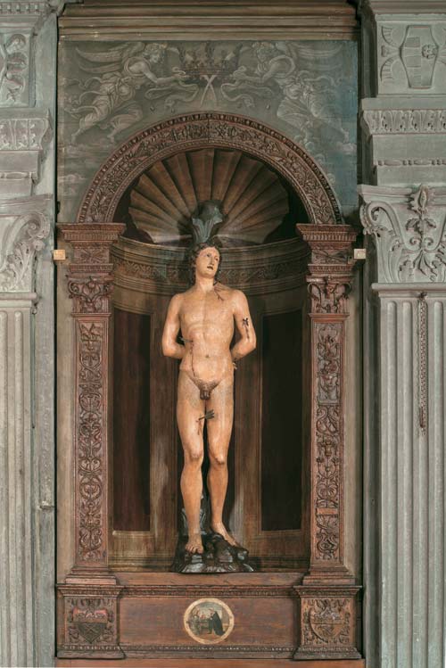 Leonardo del Tasso (Firenze 1472-1501), Chimenti del Tasso? (Firenze? 1430-1516), Tabernacolo di San Sebastiano, 1497-1500 circa / Filippino Lippi e bottega, nicchia dipinta, coppia di Angeli reggicorona, Annunciazione, 1500 circa