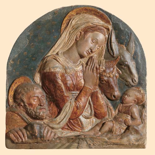Donatello (Firenze 1386 circa-1466), Bartolomeo Bellano (Padova 1434 circa-1496 o 1497), Neri di Bicci (Firenze 1418-1492), Adorazione del Bambino con la Vergine, San Giuseppe, il bue e l'asinello, 1455-1460 circa