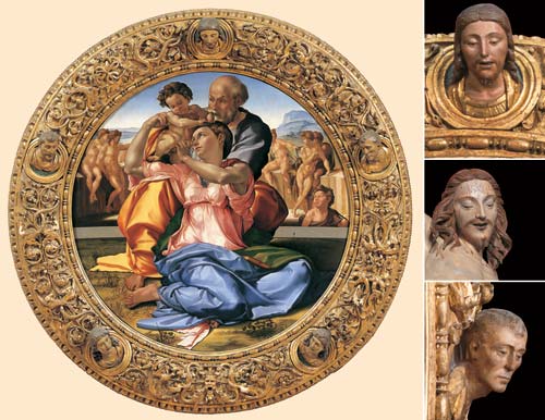Michelangelo Buonarroti (Caprese, Arezzo 1475 - Roma 1564), Sacra Famiglia con San Giovannino (Tondo Doni), 1507 circa / Francesco del Tasso (Firenze 1463-1519), Cornice intagliata e dorata (su disegno di Michelangelo)