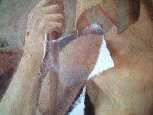 Un particolare del restauro in corso della 'Resurrezione' di Piero della Francesca