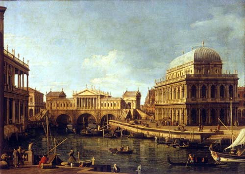 Canaletto: “Il Canal Grande con il Ponte di Rialto secondo il progetto di Palladio”, olio su tela, 58 x 83 cm. Parma, Galleria Nazionale