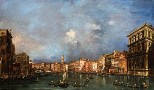 Francesco Guardi: “Veduta del Canal Grande verso il Ponte di Rialto”, olio su tela, 73 x 121 cm. Londra, collezione privata