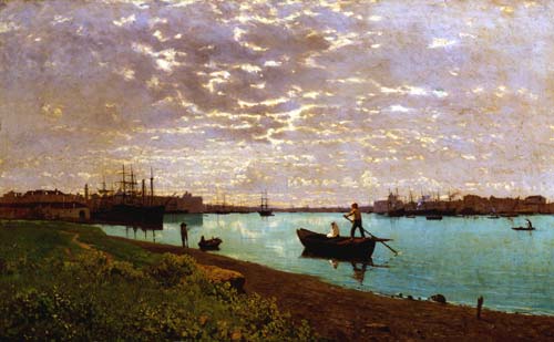– Guglielmo Ciardi: “Il Canale della Giudecca all'alba”, olio su tela, 62 x 102 cm. Milano, Fondazione Cariplo