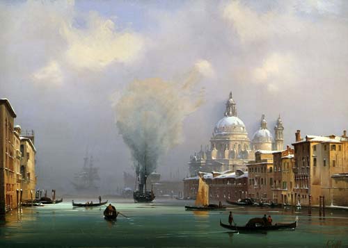 Ippolito Caffi: “Il Canal Grande con la chiesa della Salute sotto la neve”, olio su tela, 45 x 64 cm. Trieste, Museo Civico Revoltella