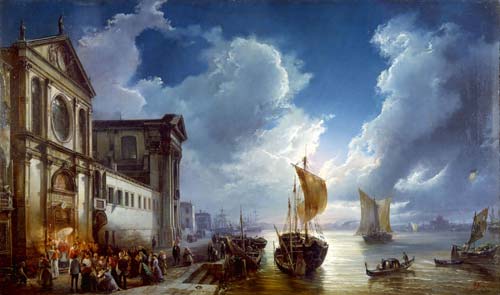 Federico Moja: “Veduta delle Zattere a Venezia; effetto di notte”, olio su tela, 120 × 160 cm. Collezione privata