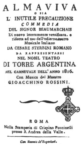 Frontespizio del libretto originale di Cesare Sterbin de 'Il barbiere di Siviglia' di Gioachino Rossini