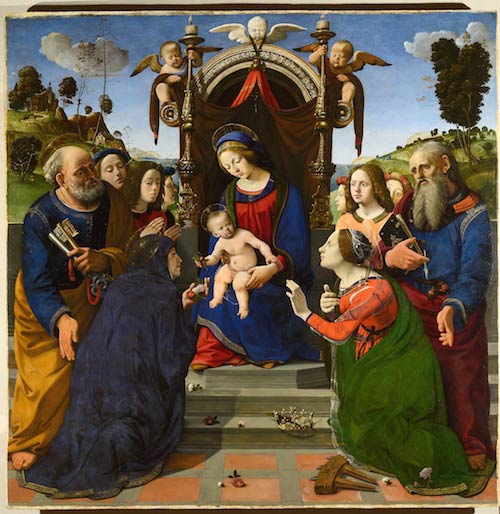 Piero di Cosimo, Madonna col Bambino e i Santi Pietro, Giovanni Evangelista, Elisabetta d'Ungheria (?), Caterina d'Alessandria e angeli, 1493