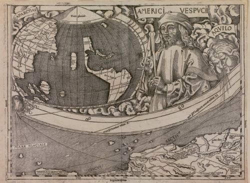 Un particolare della mappa col ritratto di Vespucci