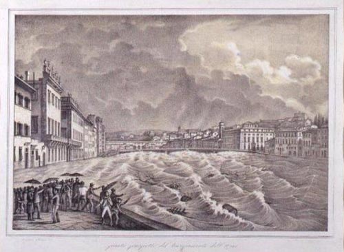 Antonio Muzzi, Odoardo Borrani, Veduta di Firenze durante l’alluvione dell’Arno del 1844 Antonio Muzzi (1815-1894) litografo; Odoardo Borrani (1833-1905), pittore Stampa/Litografia, cm 50,5×64 con cornice Comune di Firenze, Musei civici fiorentini