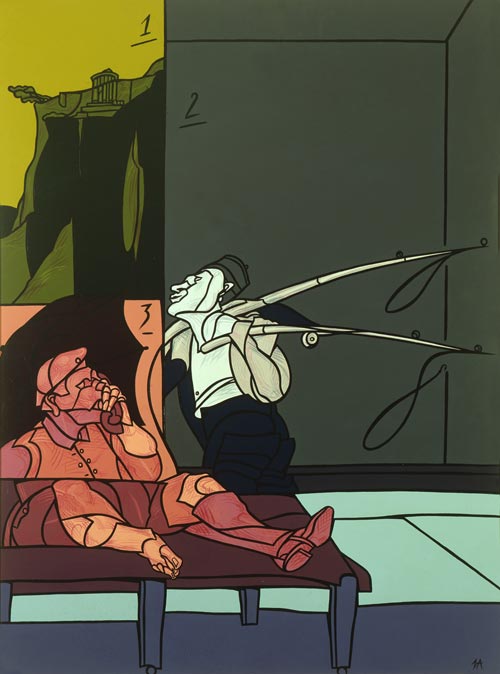 Valerio Adami, Tre piccoli quadri (Luoghi e tempi diversi), 1995, acrilico su tela, 198 x 147 cm, collezione privata