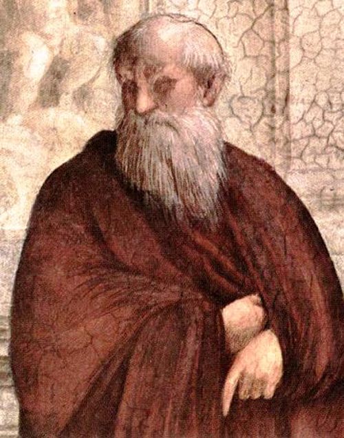 Raffaello Sanzio, Scuola di Atene, affresco, 1509-1511 circa, Città del Vaticano, Musei Vaticani [particolare]. Rispetto agli altri personaggi del dipinto, Plotino è ritratto silenzioso, in disparte