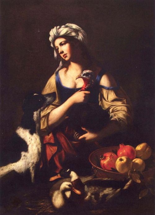 Pseudo Salini, Cuciniera con tacchino, cane, oca, anatra e cesto di frutta