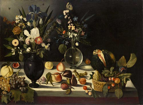 Maestro di Hartford, Vaso di fiori e frutta su tavolo,