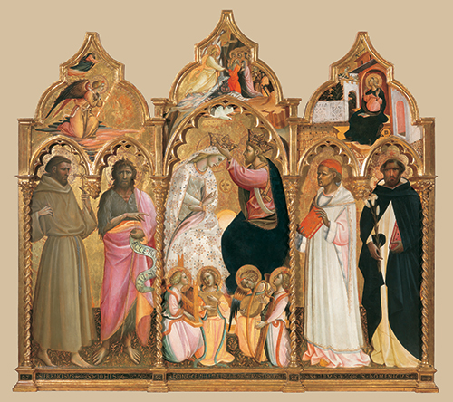 Giovanni dal Ponte, Incoronazione della Vergine (scomparto centrale); nella cuspide Cristo nel Limbo; scomparto sinistro San Francesco d’Assisi e San Giovanni Battista; nella cuspide Angelo annunziante; scomparto destro Sant’Ivo e San Domenico; nella