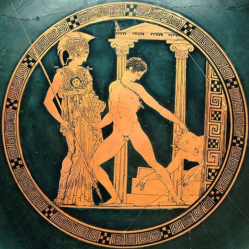 Il kylix era una coppa da vino in ceramica in uso nell'antica Grecia a partire dal VI secolo a.C. In questo kylix è raffigurata la vittoria di Teseo sul Minotauro alla presenza di Atena