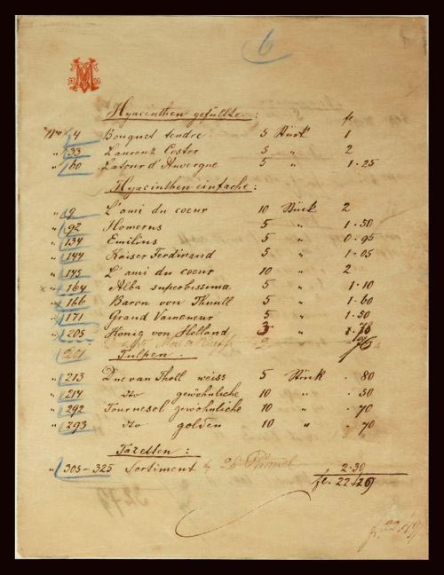  L'ordine di semi inviato da Mendel in Germania documento su carta, cm 22,6 x 14,2 x 0,3 Per gentile concessione del Monastero agostiniano Vecchia Brno - Museo Mendel dell’Università Masaryk di Brno