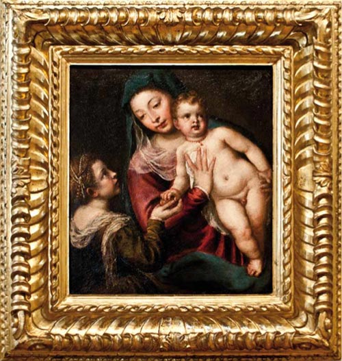 6 bottega di tiziano madonna con il bambino e santa caterina olio su tela